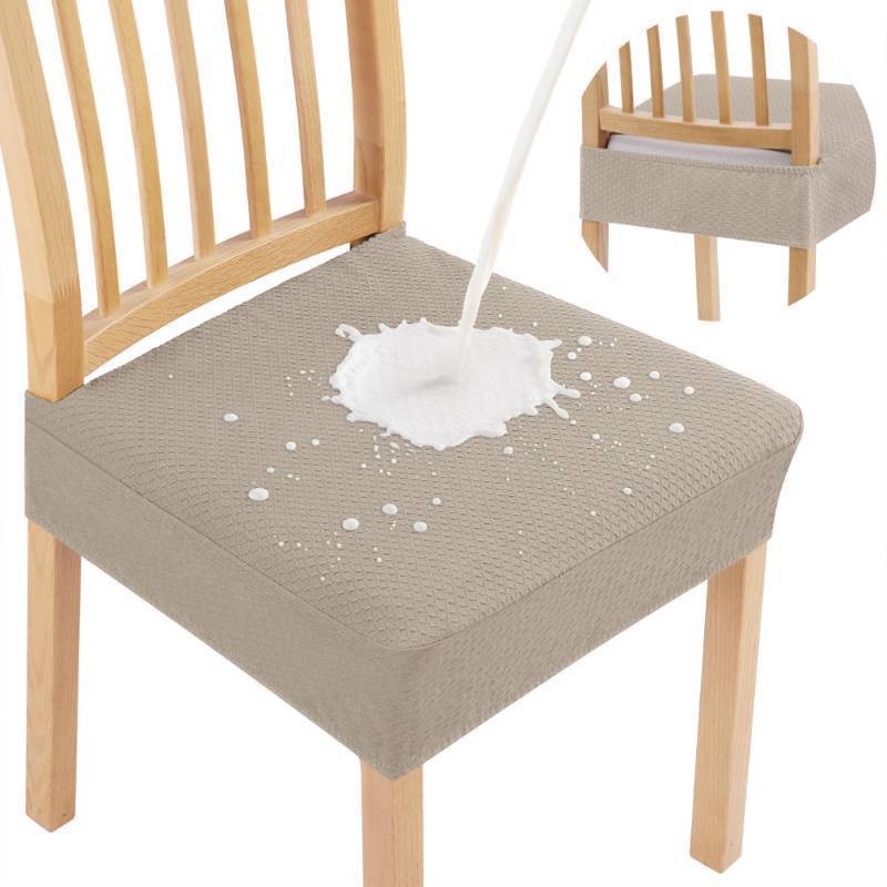 lot 24298 image: Smiry Waterproof Seat Covers for Dining Room Chairs Set of 4, Stretch Jacquard Removable Washable Chair Seat Slipcovers Protector, No Rear Covers, Taupe - Retail $31