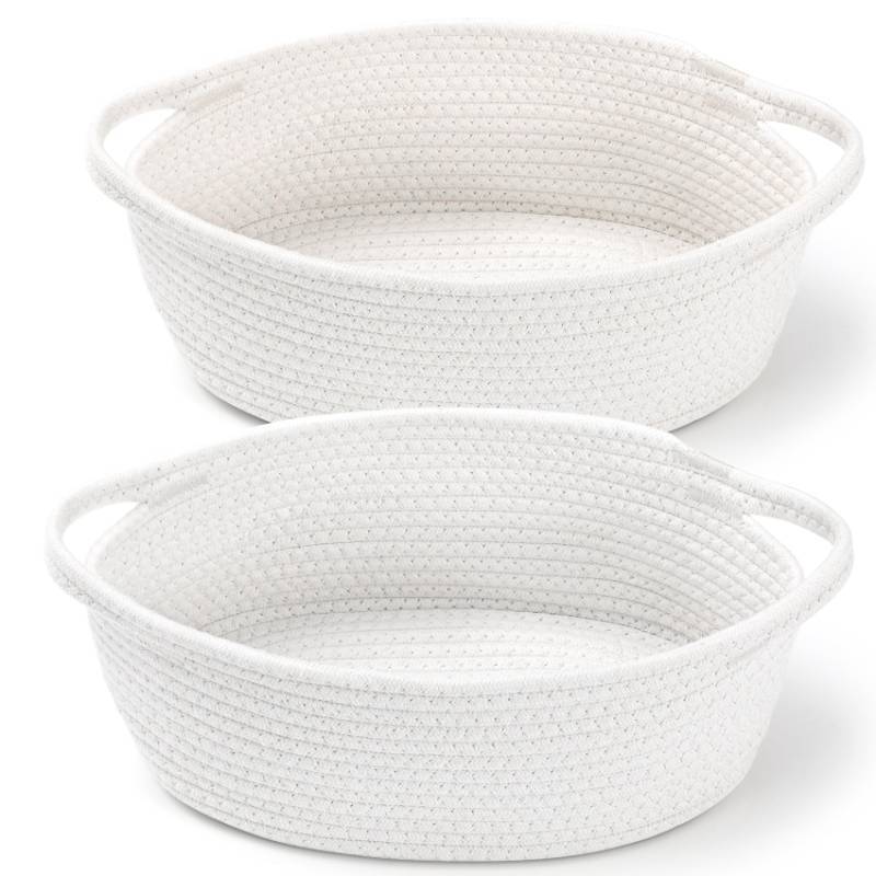 lot 33923 image: 1pk Small Woven Basket Cute Baby Gift Basket for Nursery, Cotton Rope Room Shelf Storage Basket with Handles, All 12x 8x 5,White - Retail $10