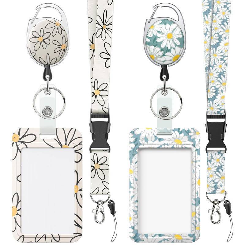 lot 33956 image: Uniclife 2 Pack Floral Sliding Badge Holder White Blue Flower Plastic Case with Retractable Badge Reel Carabiner Clip and Detachable Lanyard Strap Hard Vertical Card Protector - Retail $9