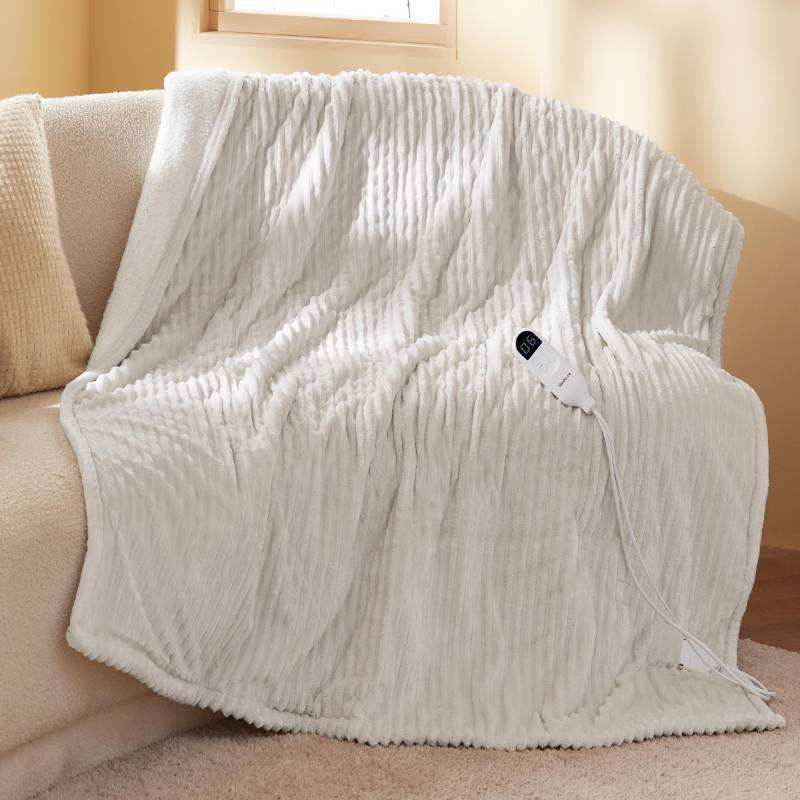 lot 22269 image: Bedsure GentleSoft Heated Blanket Throw - Soft Ribbed Flannel Electric Blanket, Heating with 6 Time Settings (Up to 10H), 6 Heat Settings & 8Hr Timer Auto Off, Gifts for Grandma (50x60 inches, Gream) - Retail $56