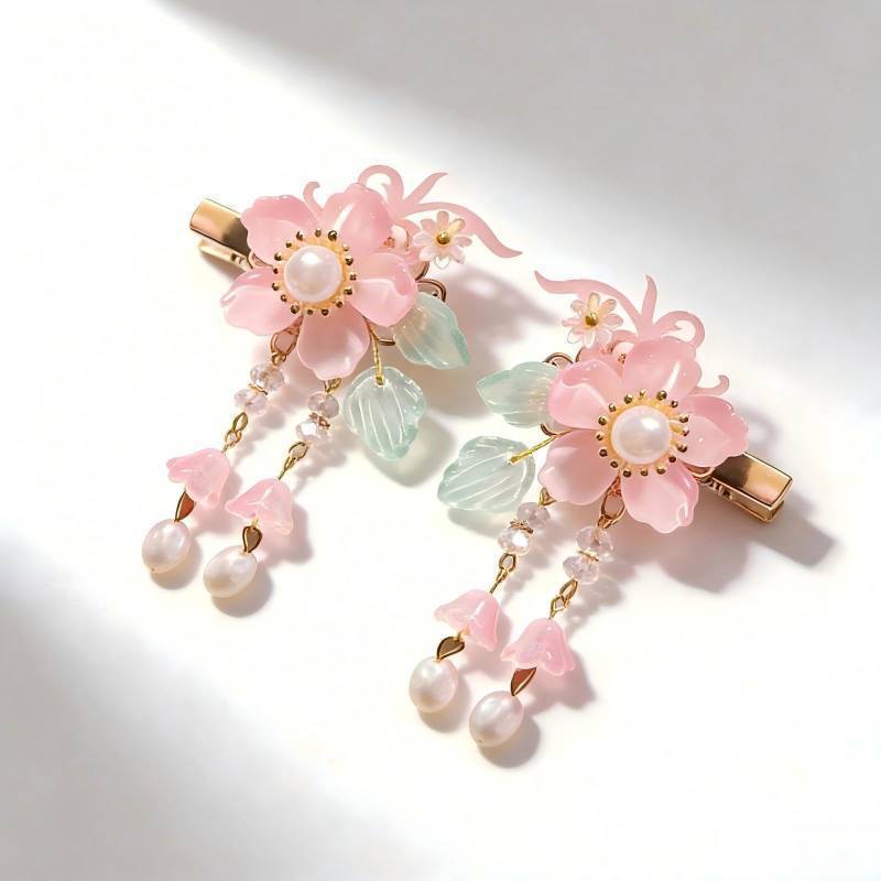 lot 31758 image: Vintage Pink Flower Hair Clips - 2Pcs Sakura Alligator Hair Clips Tassel Pearl Hair Barrettes Chinese Style Glass Fringe Wedding Hairpin Chinese Hair Accessories for Women Girls Bride Bridesmaid - Retail $7