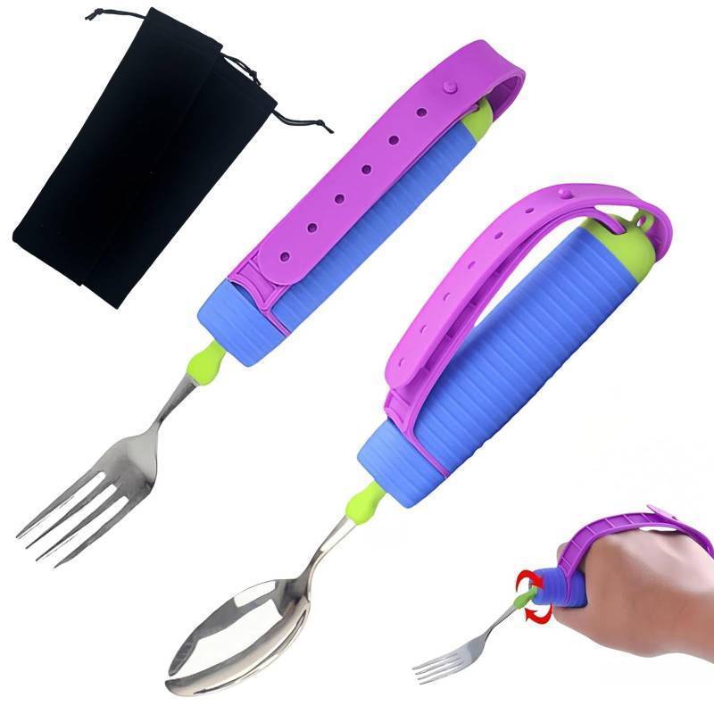 lot 42162 image: Adaptive Utensils Set, 2pcs Spoons Forks Set for Elderly, Weighted Utensils for Hand Tremors, Arthritis Weakness, and Parkinsons, with Non-Slip Easy Grip Handle, 360 Degree Rotation Rubber Strap - Retail $18