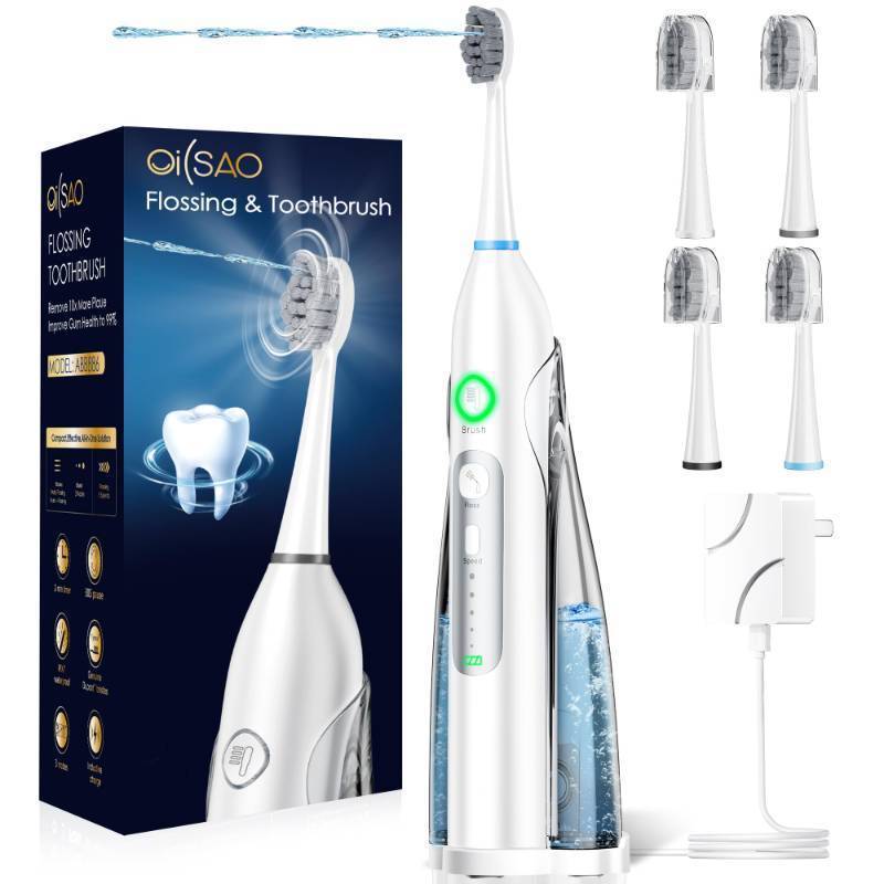 lot 45365 image: OILSAO Electric Toothbrush with Water Flosser 3 in 1, Sonic Flossing Toothbrush with 3 Modes & 5 Speeds, 4 Brush Heads, Portable for Travel, for Adults Teeth Cleaning and Plaque Removal,White - Retail $80