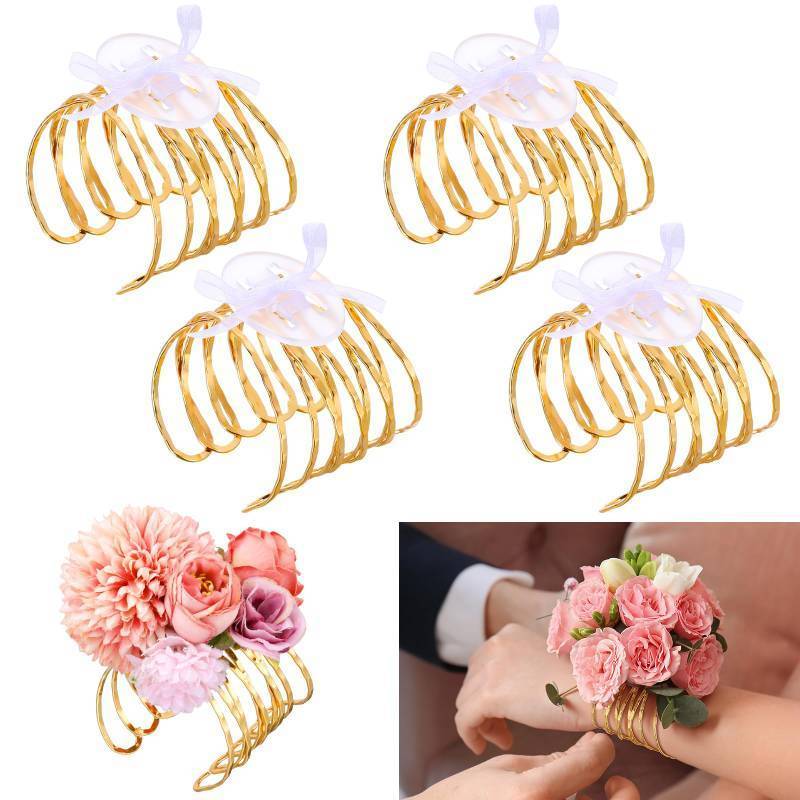 lot 22991 image: Hotop 4 Set Hammered Textured Gold Corsage Wrist Bracelet Bands Bride Bracelet Adjustable Wrist Corsage DIY Wedding Wristband Accessory for Bridal Party Prom - Retail $18