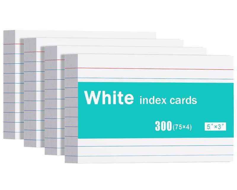 lot 30368 image: Index Cards 3x5, 300 Pack, Heavy Ruled Index Cards, Notecards 3x5 Lined, Flash Cards for Studying, Note Cards for Office, Home and School, White, 4 Packs of 75 Pack - Retail $7