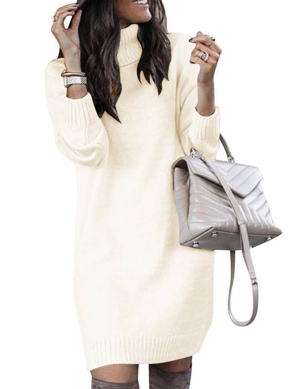 lot 32352 image: SENFURE White Turtleneck Sweater Dress for Women Long Sleeve Elasticity Knit Pullover Dresses Oversize Dress - Retail $50