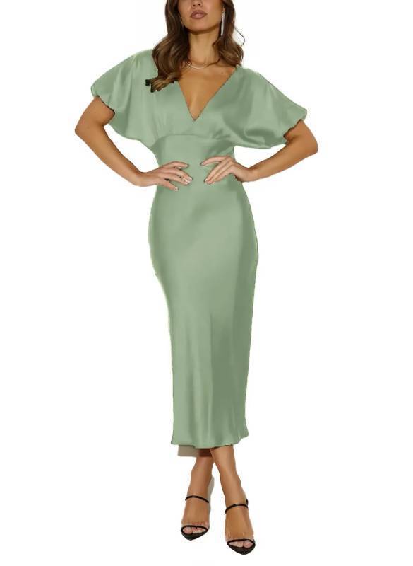 lot 33790 image: Satin V Neck Puffy Sleeves Silk Midi Dresses Empire Waist Elegant Tie Back Formal Cocktail Dress for Women Wedding Guest Sage Large  - Retail $50