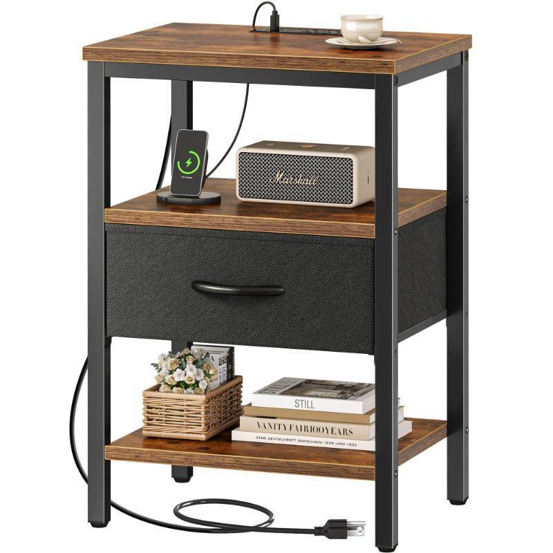 lot 61796 image: SUPERJARE Nightstand with Charging Station, Bed Side Table with Adjustable Fabric Drawer, Night Stand for Bedroom, 3-Tier Storage End Table, for Living Room, Rustic Brown and Black - Retail $46