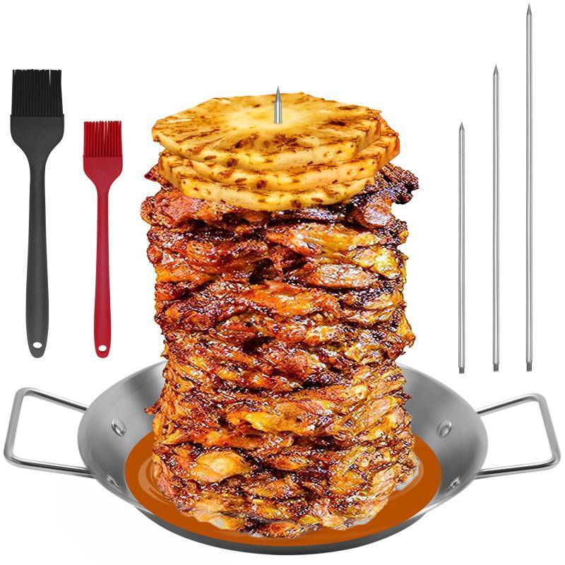 lot 50226 image: Al Pastor Skewer for Grill, Stainless Steel Vertical Skewer, Brazilian Vertical Spit with 3 Spikes(81012)& Brushes, for Tacos Al Pastor, Shawarma Kebabs Smoker Oven BBQ Dishes - Retail $28