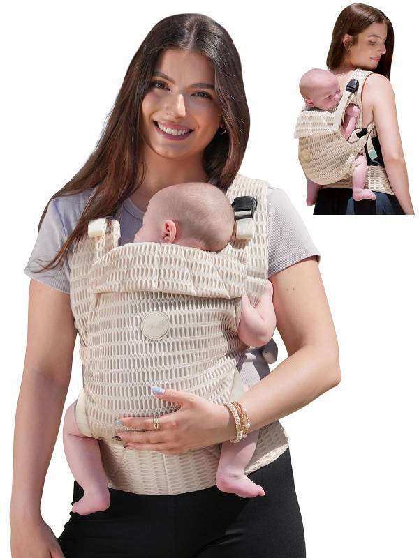 lot 44349 image: GROWNSY Baby Carrier Newborn to Toddler (7-44lbs), Ergonomic & Cozy Wraps Carrier with One-Click Buckle, Head Support for Hands-Free Comfort, Design for Infant to Toddler, Almond Beige - Retail $50