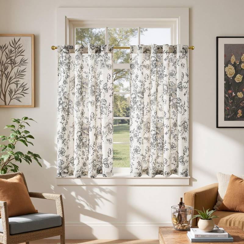 lot 29787 image: jinchan Linen Floral Tier Curtains 45 Inch Farmhouse Botanic Cafe Curtains Light Filtering Drapes for Small Windows Back Tab Half Window for Kitchen Living Room Bathroom 2 Panels Black - Retail $22