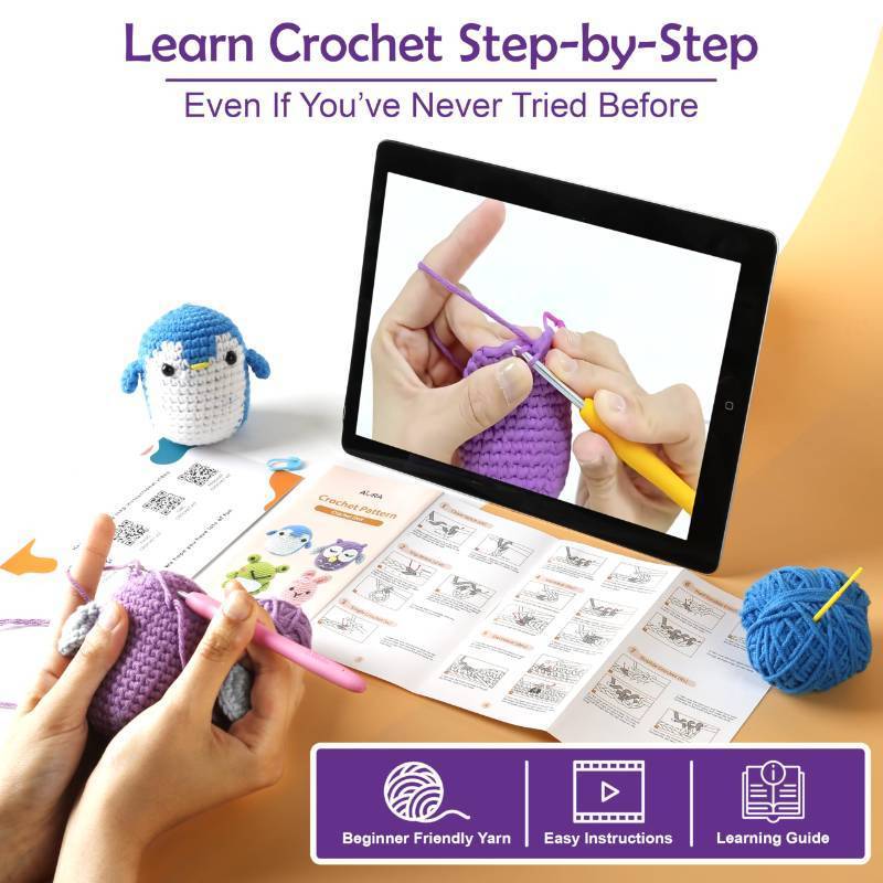lot 29837 image: A-URA Learn to Crochet Kit for Beginners Kids and Adults, Premium 4 Animal Pattern Beginner Crochet Kits with Easy Tube Yarn & Step-by-Step Video Tutorials (Forest Friends Standard Size) - Retail $18