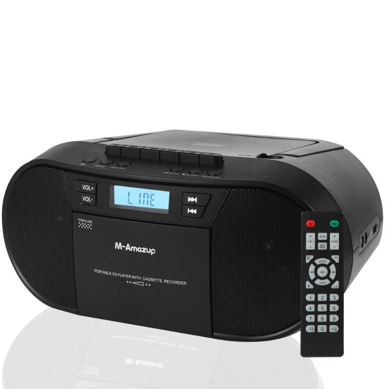 lot 44398 image: M-Amazup Boombox CD Player Portable, Cassette Player Combo with CD MP3 Bluetooth AUX TF USB FM Radio ACDC Powered, Boom Box with Remote Control, Headphone Jack, Stereo Sound for Home,Kids,Gift - Retail $62