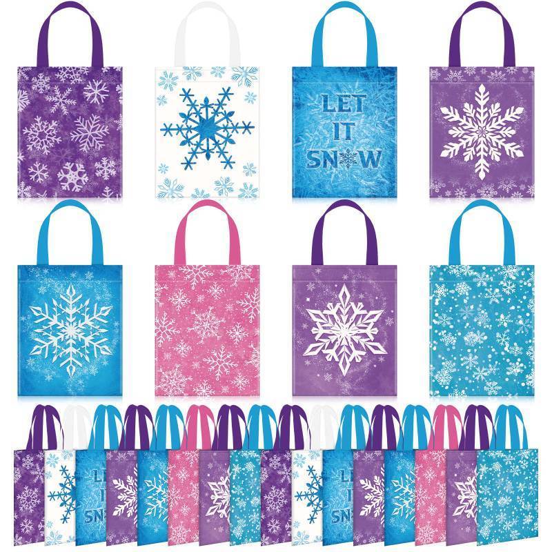 lot 44413 image: Photect 32 Pieces Snowflake Party Favors Bags Bulk with Handles Winter Reusable Non Woven Gift Bags Winter Treat Goodie Candy Pouches for Snowflake Birthday Baby Shower Holiday Party Supplies - Retail $20