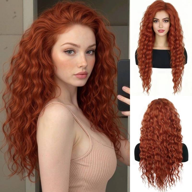 lot 44980 image: Daiaces Long Ginger Orange Curly Wavy Wig for Women Natural Ombre Fluffy Synthetic Hair for Costume Cosplay Halloween Party - Retail $24