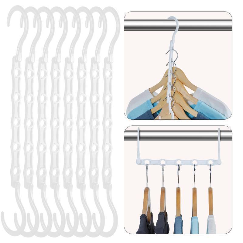lot 49032 image: HOUSE DAY Closet Organizers and Storage, 8 Pack Magic Hangers Space Saving Clothes Hangers, Sturdy Plastic Hangers with 5 Holes for Wardrobe Closet Organization, College Dorm Room Essentials - Retail $9