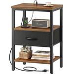 SUPERJARE Nightstand with Charging Station, Bed Side Table with Adjustable Fabric Drawer, Night Stand for Bedroom, 3-Tier Storage End Table, for Living Room, Rustic Brown and Black - Retail: $46