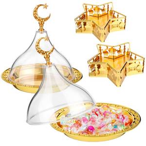 lot 23263 image: Ferrochef 3 Pcs Ramadan Serving Trays Decoration, 1 Gold Round Tray with Acrylic Dome & 2 Star Shaped Trays, Eid Mubarak Metal Plate Dish for Dessert Display Holder Islam Muslim Home Party Table Decor - Retail $30