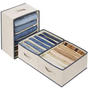 lot 23270 image: Baesyhom 3 Pcs Large Size Wardrobe Clothes Organizers 6 Grids for Pants, Jeans, Sweater, T-shirt, Thin Coat, Dress Stackable Closet Drawer Organizer Storage Bin Container with Sturdy Handles, Beige - Retail $20
