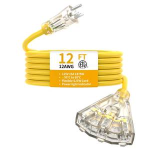 lot 23276 image: 12FT 12 Gauge Heavy Duty Outdoor Extension Cord Waterproof with 3 Outlets Splitter & Lighted End, SJTW 15A 1875W 3 Prong Weatherproof Electric Cable Multi-Plug 3 way Power Cord, ETL Listed for Outside - Retail $26