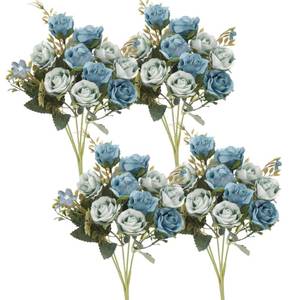 lot 23277 image: Neendohome 5 Stems 10 Heads Artificial Flowers Mini Roses with Leaf Bridal Bouquets for Wedding Centerpieces Indoor Home Table Decoration(4 Pack, Blue) - Retail $23