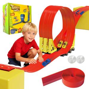 lot 23281 image: 16.5ft Build Anywhere Portable Race Track with Suction Cups - Flexible Roll-Up Design Fits 164 Scale Cars, Portable Toy Gift for Kids 4 Year Old (3 TracksRed) - Retail $30