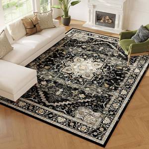 lot 23282 image: ARKIIKI 5x7 Washable Area Rug for Living Room, Non-Slip Soft Boho Vintage Medallion Carpet, Low Pile Distressed Rugs for Bedroom, Dining Room, Home Office, Dorm, Indoor Decor, Black Gold - Retail $33