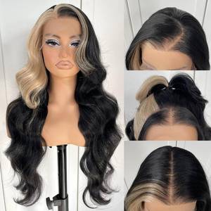lot 24738 image: MITIMES 13x6 Skunk Stripe Wig Glueless Lace Front Wigs Pre Plucked Synthetic Body Wave blonde wig Wear and Go lace front wig for black women - Retail $56