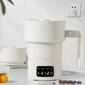 lot 24741 image: UPEZAN Travel Electric Kettle - Collapsible Portable Electric Kettle, 600W Foldable Small Water Boiler with 4-Temp Presets, Food Grade Silicone for Hotel, Office, Camping, 600mL, Beige