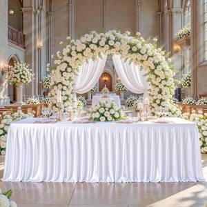 lot 24761 image: 8FT White Satin Tablecloths for Rectangle Tables - Shiny Spandex Party Table Cover with Pleated Table Skirt, No-Wrinkle & Glossy Wedding Tablecloth One-Piece for Birthday Baby Shower Banquet Ceremony - Retail $35