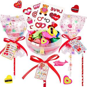 lot 24770 image: Valentines Day Gifts for Kids - 10 Pack Flashing Giant Lollipop-Shaped Stationery Set with Valentines Cards Pencils Erasers Stickers Sharpener LED Lights for Classroom Valentines Gift Exchange