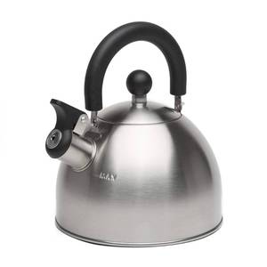 lot 24771 image: Primula Stewart Whistling Stovetop Tea Kettle Food Grade Stainless Steel, Hot Water Fast to Boil, Cool Touch Folding, 1.5-Quart, Brushed with Black Handle - Retail $13