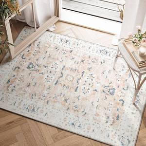 lot 24796 image: jinchan Area Rug 2x3 Entryway Rug - Washable Vintage Floral Doormat Small Door Mat Indoor Boho Lightweight Thin Non-Slip Retro Distressed Carpet for Doorway Kitchen Bathroom Bedroom Pink Blush - Retail $20