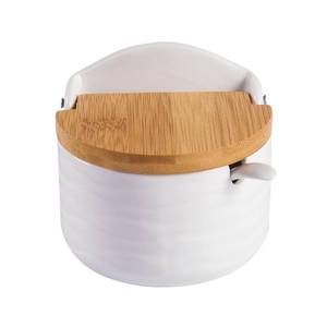lot 24798 image: Ceramic Sugar Salt Bowl with Bamboo Lid and Spoon, LUCKY GODDNESS 9.1 fl oz Porcelain Container Jar for Pepper with Chalkboard Label, for Housewarming - Retail $14