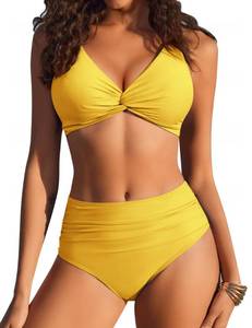 lot 28885 image: AIMAGE High Waisted Bikini Sets Two Piece Tummy Control Swimsuits V Neck Summer Beach Swim Bathing Suits Yellow (No Size Tag,  Appears Medium)