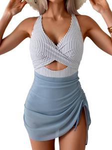 B2prity Women Mesh One Piece Swimdress Swimsuit Tummy Control V Neck Cutout Bathing Suit Wrap Drawstring Sarong Swimwear 2XL - Retail: $39