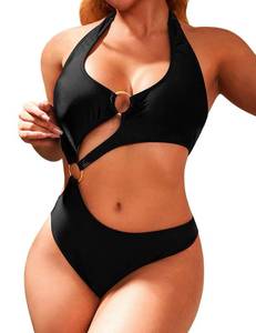 lot 28892 image: HISAGUHE Women One Piece Swimsuit Slimming Cutout Fashoin Swimwear Metal Ring Bathing Suit Female Beachwear(Black,M) - Retail $35