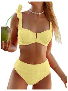 lot 28900 image: SOLY HUX Womens High Waisted Bathing Suit Tie Shoulder Underwire Summer Swimsuit Bikini Set Pure Yellow Medium - Retail $33