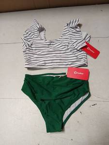 lot 28907 image: Pat Pat Striped Color Block Girls 2 Piece Swimsuit 8-9 Years Green and White