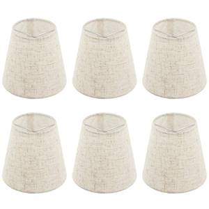 lot 28914 image: Set of 6 Chandelier Lamp Shades 5 Inch, Mini Barrel Lampshades Clip On for Table Lamp Wall Lamp Replacement, Natural Linen Mini Lamp Shade, 3.5x5x5.5in (Top Height Bottom) - Retail $26