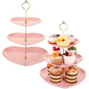 lot 28917 image: Layhit 2 Pack Wedding 3 Tier Cupcake Stand Heart Shaped 3 Tiered Serving Trays for Party Plastic Tray Dessert Cupcake Stand for Tea Party Baby Shower Wedding (Pink) - Retail $20