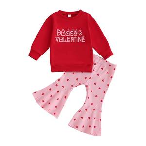 lot 28931 image: iddolaka Toddler Baby Girls Valentines Outfits Long Sleeve Letter Sweatshirt Shirt Heart Flared Pants Spring Clothes (B-Print red, 6-12 Months) - Retail $15