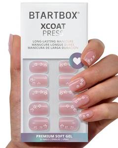 lot 28970 image: BTArtbox Press On Nails Short - Petalfall, Lamp-Curable 4-Week Wear 3D Flower Pink Square Press On Nails with Glue and Adhesive Tabs, Easy-to-Apply in 16 Sizes - 32 Nails All-in-One Kit - Retail $18