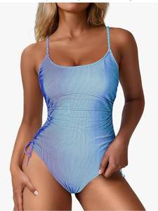 lot 30702 image: Womens Blue Striped One Piece Swimsuit with Ruched Detail sz L - Retail $15
