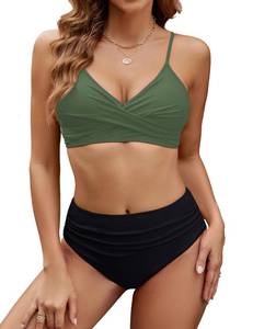 lot 30705 image: Edelqual Womens High Waisted Bikini Sets Two Piece Swimsuit Tummy Control Bathing Suit V Neck Twist Front Swimwear Swim Suit 2025(Medium,Army Green and Black) - Retail $25