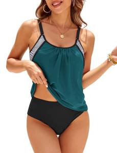 lot 30707 image: ZAFUL Two Piece Tankini Swimsuit for Women High Waisted Tummy Control Bathing Suit Double Up Tankini Set Peacockblue L - Retail $25