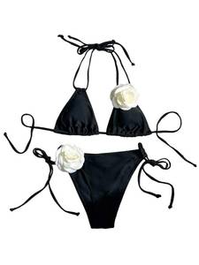 lot 30708 image: RoseSeek Womens 2 Piece Bathing Suit Floral Appliques Halter Tie Back Triangle Bikini Swimsuits Black L - Retail $11