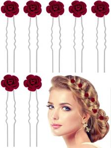 lot 30719 image: Bencailor 2 Pieces Rose Hair Pins Mini Burgundy Flower Hair Clips Accessories U Shaped Decorative for Bridal Wedding Dance Birthday Woman Small Bobby(Red) - Retail $11