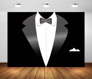 lot 30730 image: BELECO 7x5ft Fabric Gentleman Tuxedo Backdrop Black and White Bow Tie Suit Background Luxury Birthday Dinner Party Decor Banner Boy Men Father Bridegroom Photoshoot Studio Booth Props - Retail $16