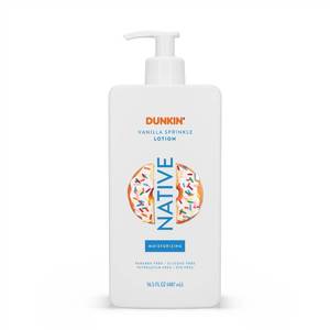 lot 30962 image: Native Body Lotion, Dunkin Vanilla Sprinkle, Moisturizer for Dry Skin with Plant-Based Ingredients, 16.5 oz - Retail $14